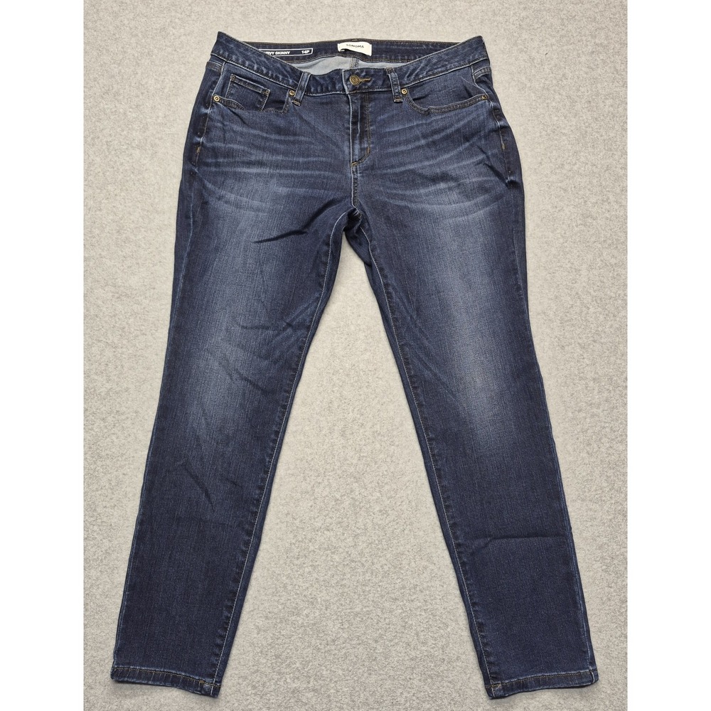 Sonoma Jeans Womens 14P Blue Curvy Skinny Denim Stretch Whiskered Dark Wash